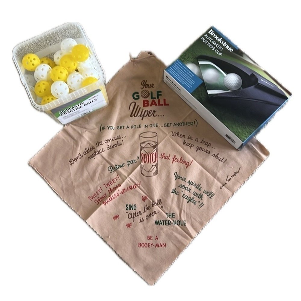 Golfer’s Lot: Brookstone Automatic Putting Cup, Practice Balls, Funny Golf Towel